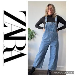 Zara Wide Leg Denim Overall Jumpsuit Sz Medium